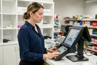Employée de caisse suivant une formation sur le logiciel de caisse Menlog SI dans un commerce de détail
