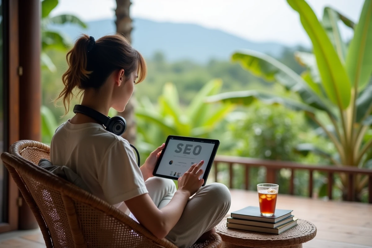 Apprenante en SEO autodidacte consultant des ressources pédagogiques sur une terrasse extérieure à Chiang Mai