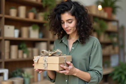 Femme examinant une boite cadeau éco-responsable en kraft avec ruban de fleurs séchées dans un atelier artisanal