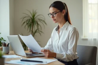 Freelance administrative travaillant sur son ordinateur portable dans un bureau à domicile moderne