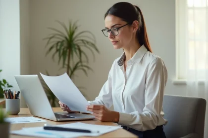 Freelance administrative travaillant sur son ordinateur portable dans un bureau à domicile moderne
