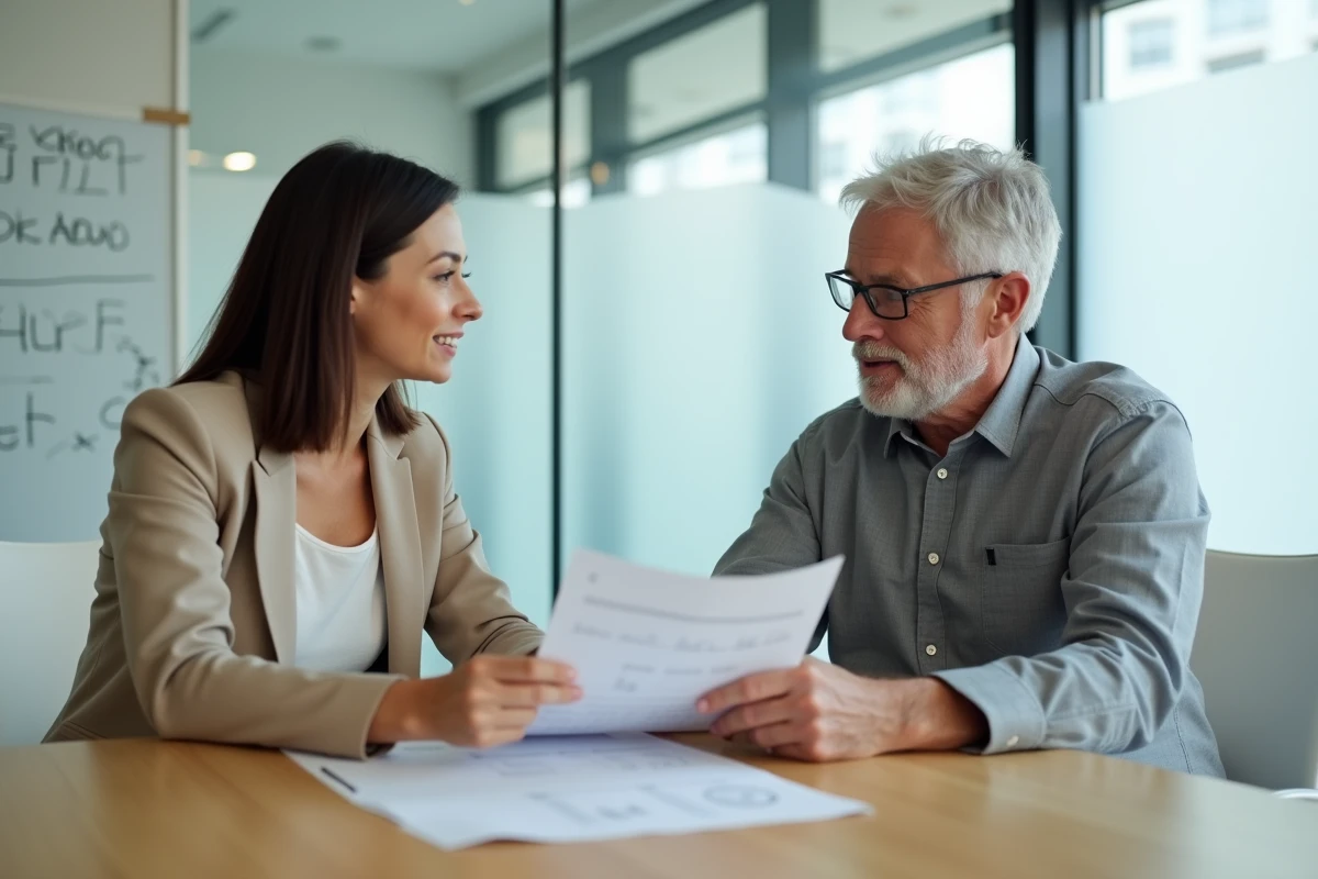 Réunion entre un freelance administratif et un client en salle de conférence d'entreprise