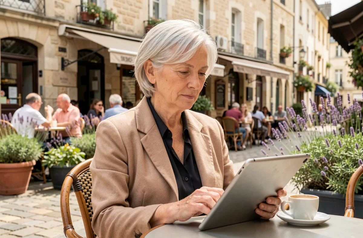 Professionnelle indépendante en portage salarial travaillant depuis une terrasse de café dans le centre-ville de Valence