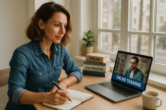 Freelance confiant travaillant sur son bureau lumineux