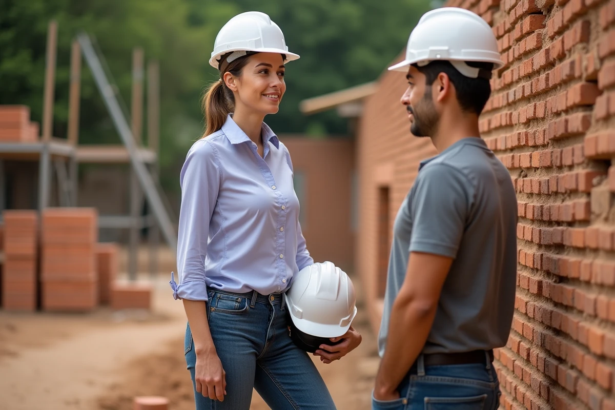 Femme gestionnaire de chantier discute avec un artisan sur site