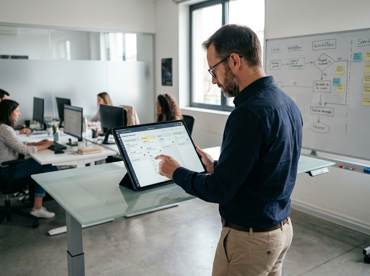 Homme debout consultant une application de gestion de pipeline client sur tablette dans un open space professionnel