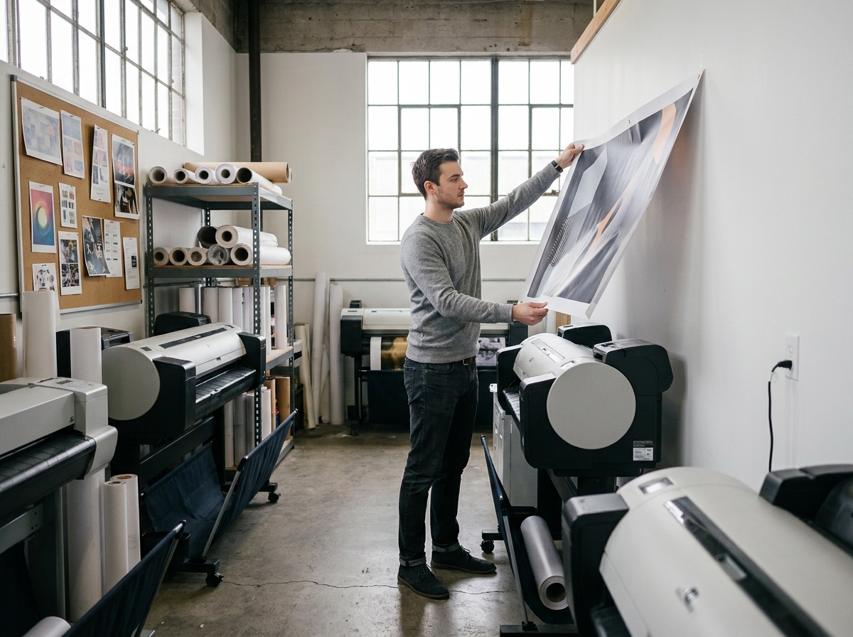 Graphiste inspectant un échantillon de bannière imprimée dans un atelier d'impression professionnelle