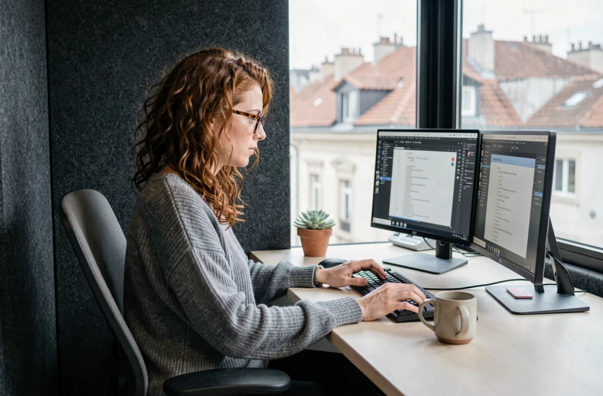 Graphiste indépendante avec lunettes travaillant sur double écran dans un espace de coworking calme à Lyon avec vue sur les toits de la ville