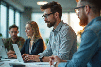 Groupe de professionnels travaillant avec des appareils numériques dans un bureau lumineux