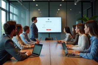 Groupe de professionnels en réunion autour d'une table de bureau
