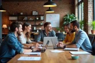 Groupe de jeunes professionnels collaborant dans un espace coworking