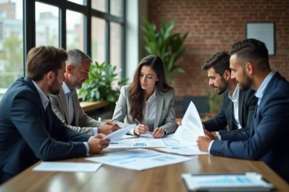 Groupe de professionnels analysant des rapports économiques