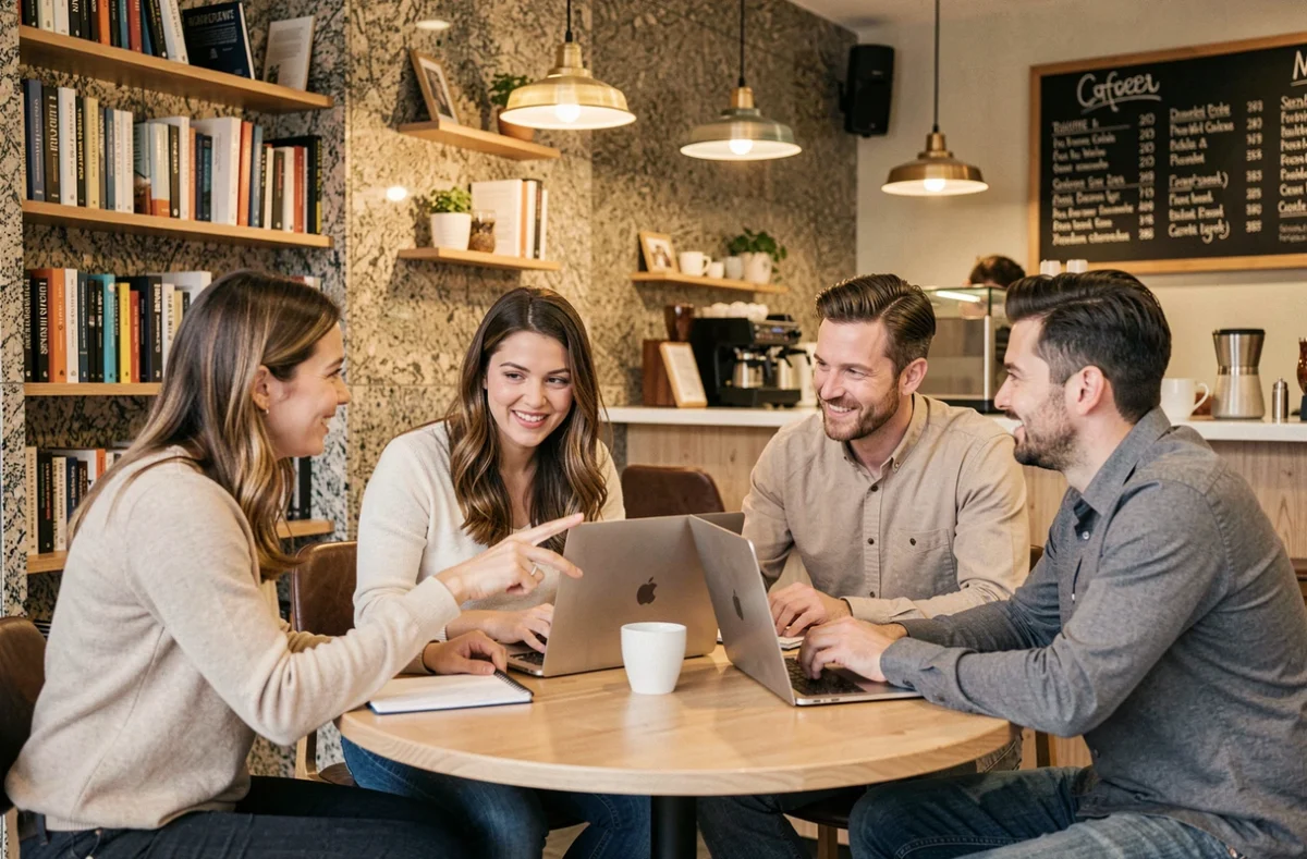 Groupe de professionnels en réunion informelle dans un espace de coworking convivial à Quimper