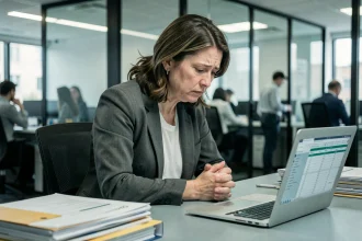 Femme cadre en situation de détresse au bureau, illustrant le harcèlement moral au travail et les protections de l'article L1132-1