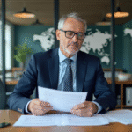 Homme d'affaires en costume bleu examine des documents