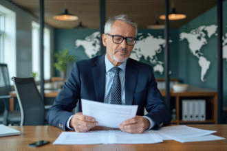 Homme d'affaires en costume bleu examine des documents