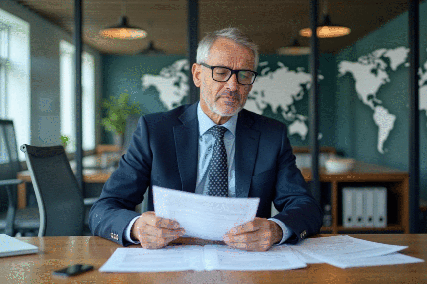 Homme d'affaires en costume bleu examine des documents