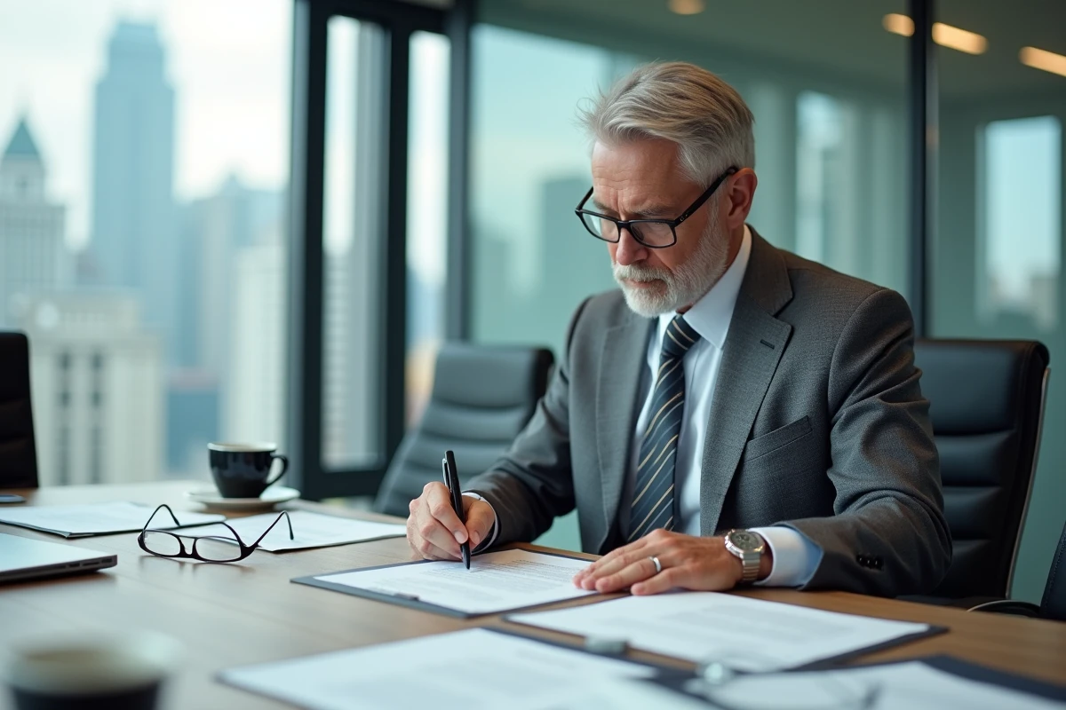 Homme d'affaires signant un contrat en plusieurs pages dans une salle de réunion moderne, représentant la signature électronique avancée pour ordre