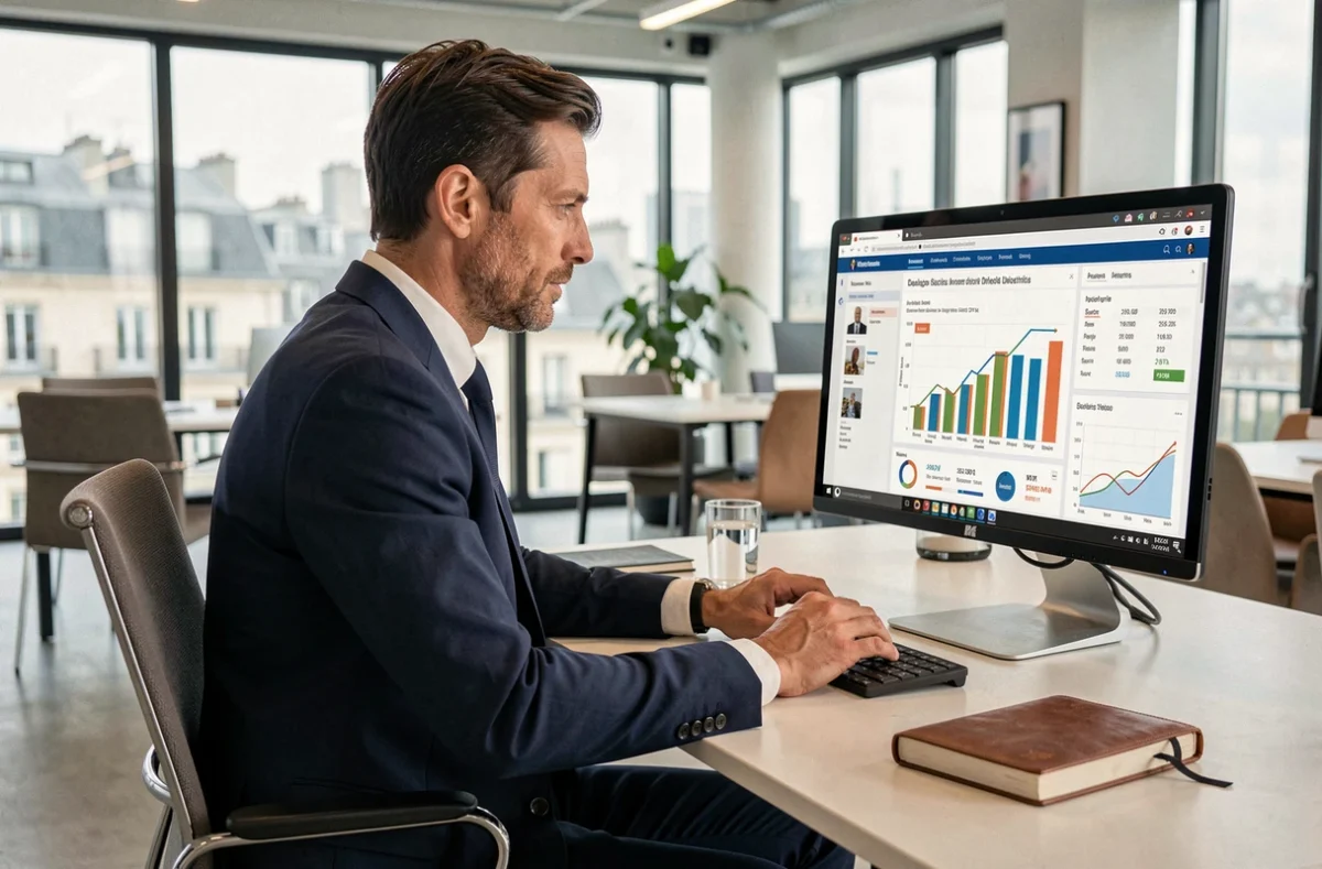 Homme d'affaires parisien consultant un site d'informations business sur son ordinateur dans un bureau moderne