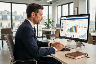 Homme d'affaires parisien consultant un site d'informations business sur son ordinateur dans un bureau moderne