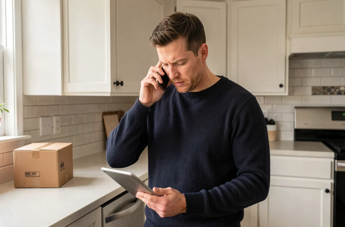 Homme appelant DB Schenker par téléphone depuis sa cuisine pour suivre la livraison d'un colis