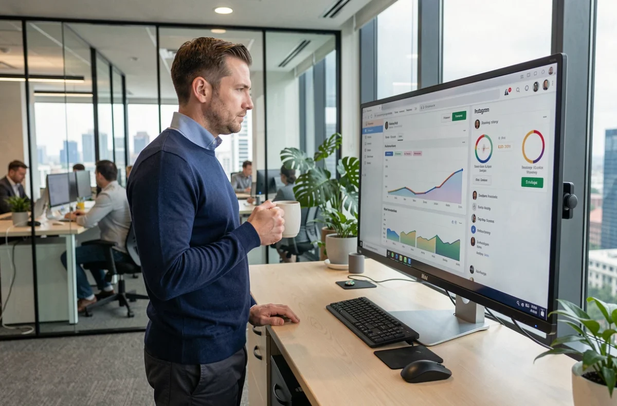 Homme analysant les statistiques Instagram sur un ordinateur de bureau dans un open space moderne pour optimiser les horaires de publication