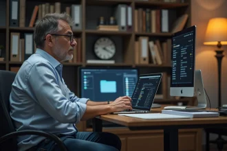 Homme d'âge moyen travaillant sur un ordinateur dans un bureau organisé