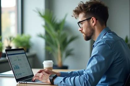 Jeune homme professionnel utilisant un tableau de bord énergie
