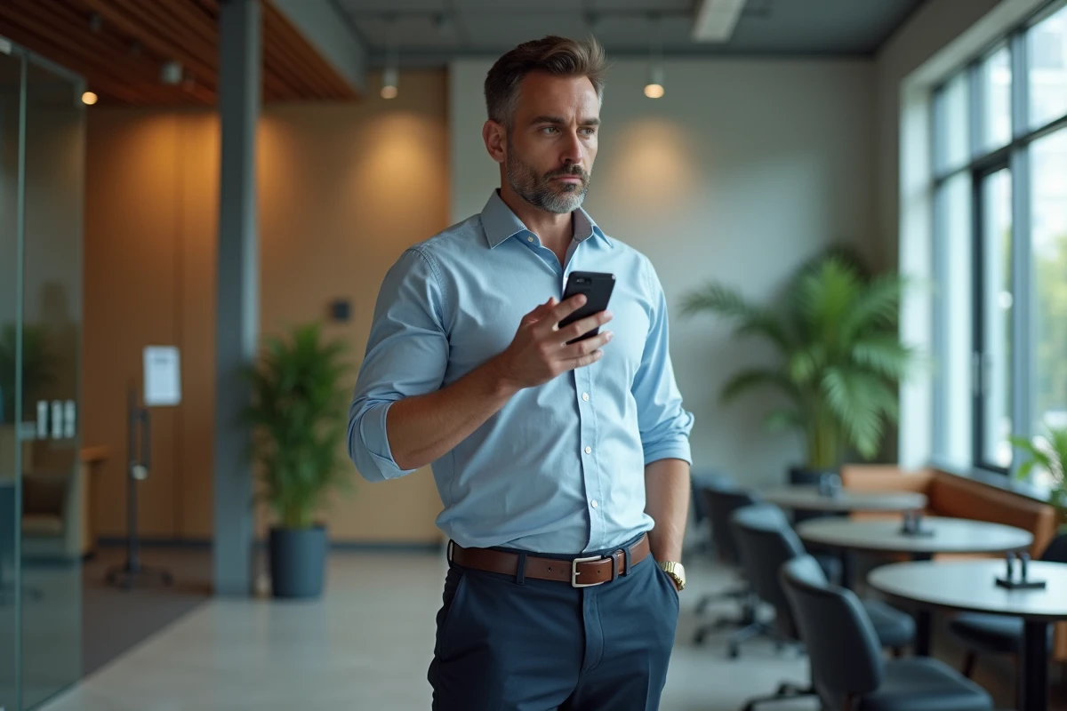 Homme d affaires parlant au smartphone dans un bureau moderne