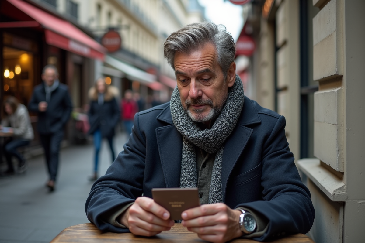 Homme assis dans un café parisien examinant sa carte professionnelle