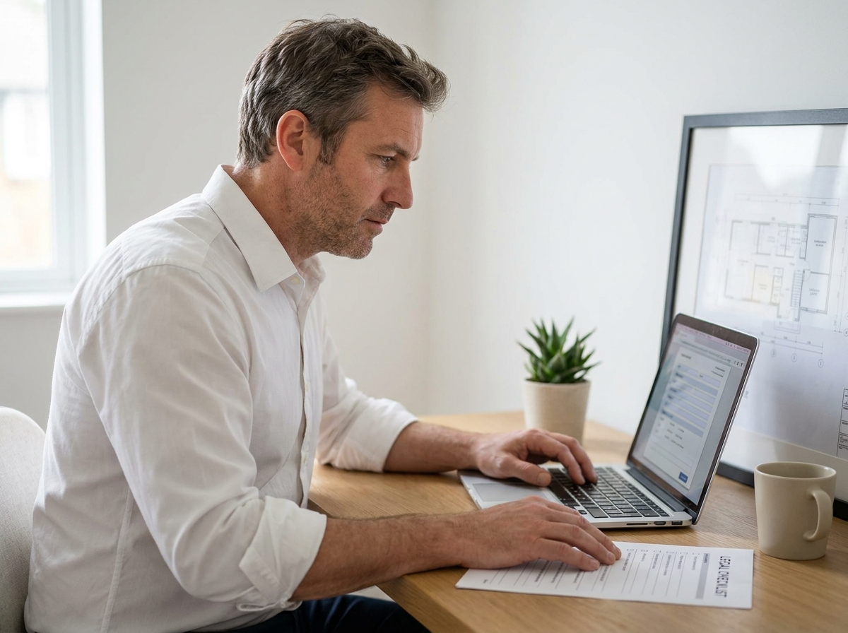 Entrepreneur consultant une liste de vérification juridique et remplissant une annonce légale en ligne pour une SCI depuis son bureau à domicile