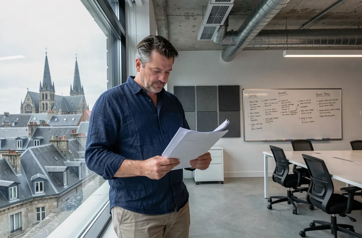 Homme en espace de coworking à Quimper avec vue sur les toits de la ville et la cathédrale en arrière-plan