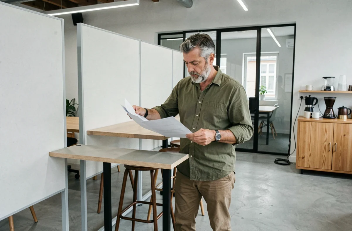 Homme d'affaires debout à un bureau en hauteur dans un grand espace de coworking à Lyon avec cloisons acoustiques et salle de réunion vitrée