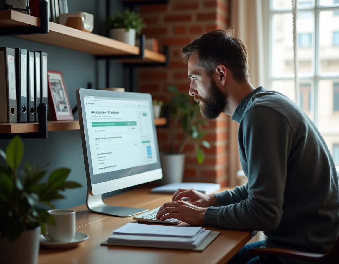Homme travaillant sur le portail douanier Prodouane depuis son bureau à domicile avec documents imprimés