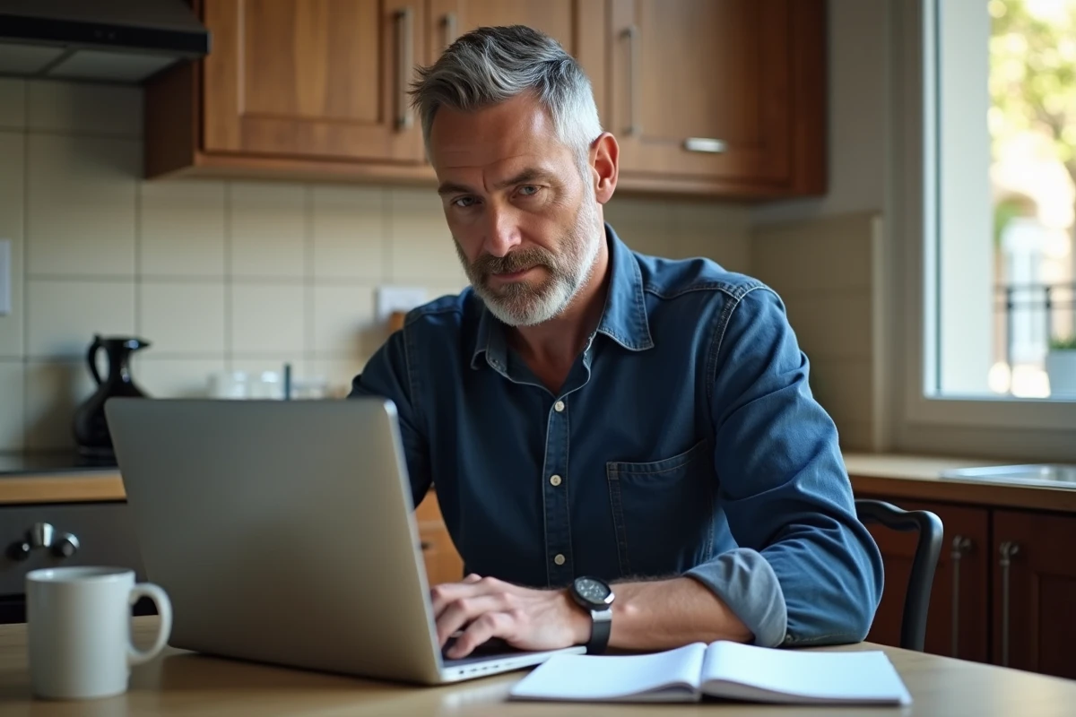 Homme à son domicile comparant des données salariales sur ordinateur portable entre 39 heures hebdomadaires et 67 heures mensuelles