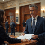 Homme d'âge moyen en costume noir remet des documents au greffier