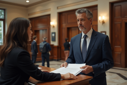 Homme d'âge moyen en costume noir remet des documents au greffier