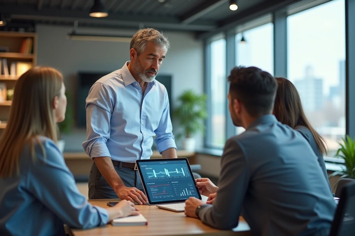 Homme d age montrant un tableau digital à ses collègues