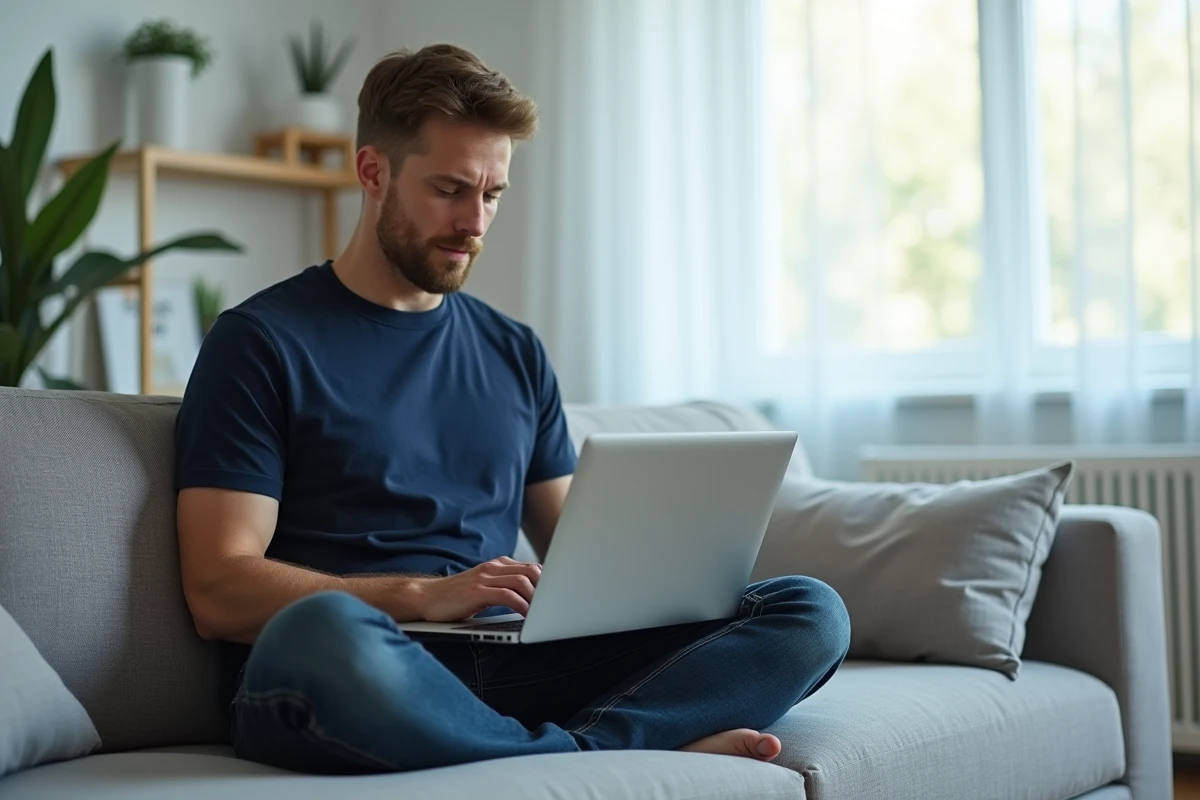 Homme en début de carrière freelance travaillant sur son ordinateur portable depuis son salon moderne et épuré