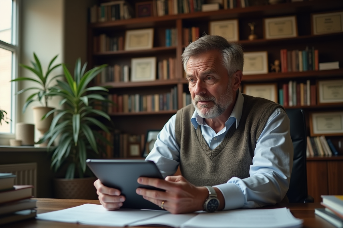 Homme d age dans un bureau à domicile tapant sur une tablette