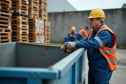 Homme en overalls mesurant un conteneur métallique