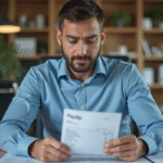 Homme d'affaires examine une fiche de paie dans un bureau moderne