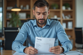 Homme d'affaires examine une fiche de paie dans un bureau moderne