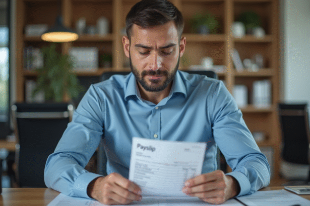 Homme d'affaires examine une fiche de paie dans un bureau moderne