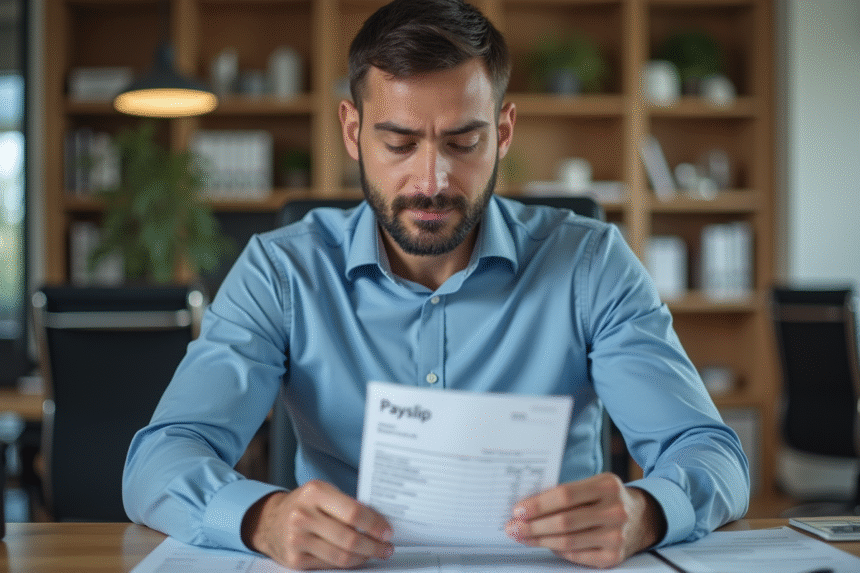 Homme d'affaires examine une fiche de paie dans un bureau moderne