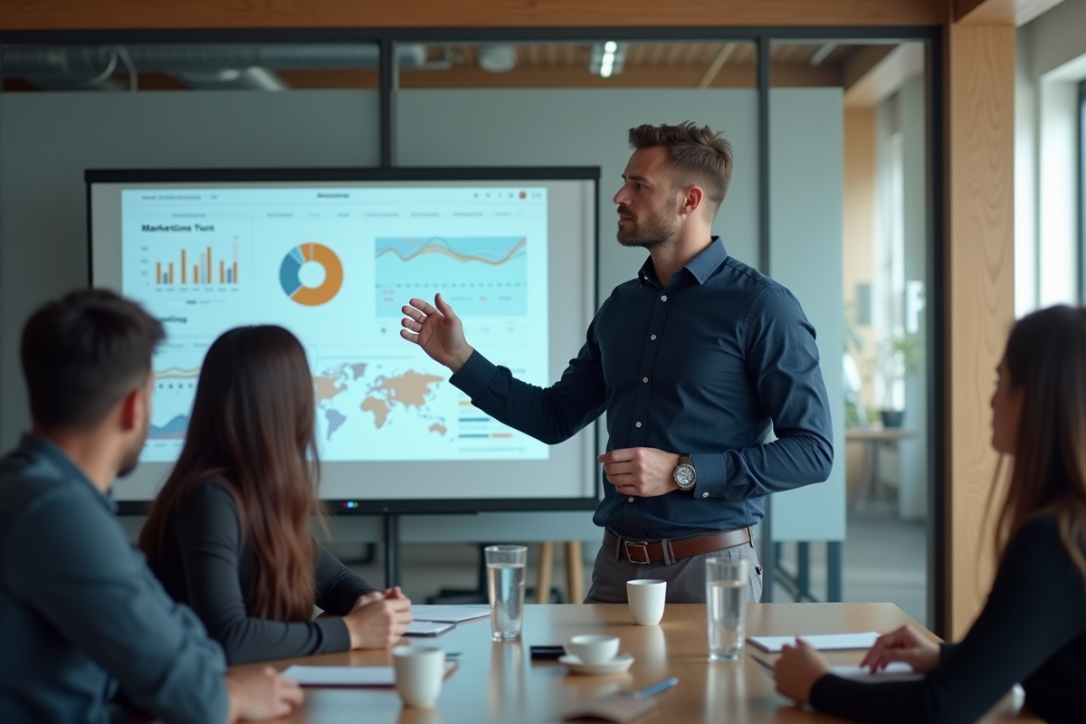 Homme en chemise navy présentant des données marketing à une réunion