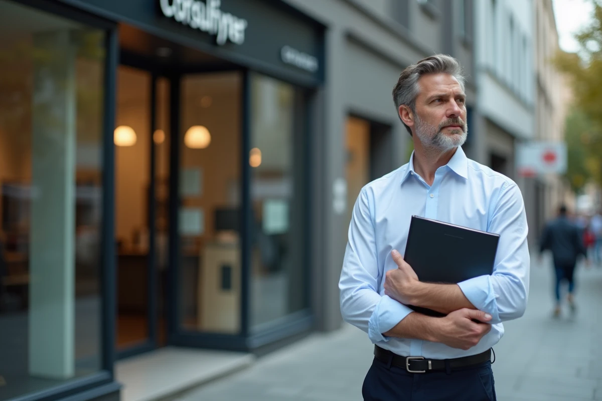 Homme en chemise Oxford tenant un dossier devant une agence d'emploi, symbolisant la réflexion sur le refus du CSP et les alternatives disponibles