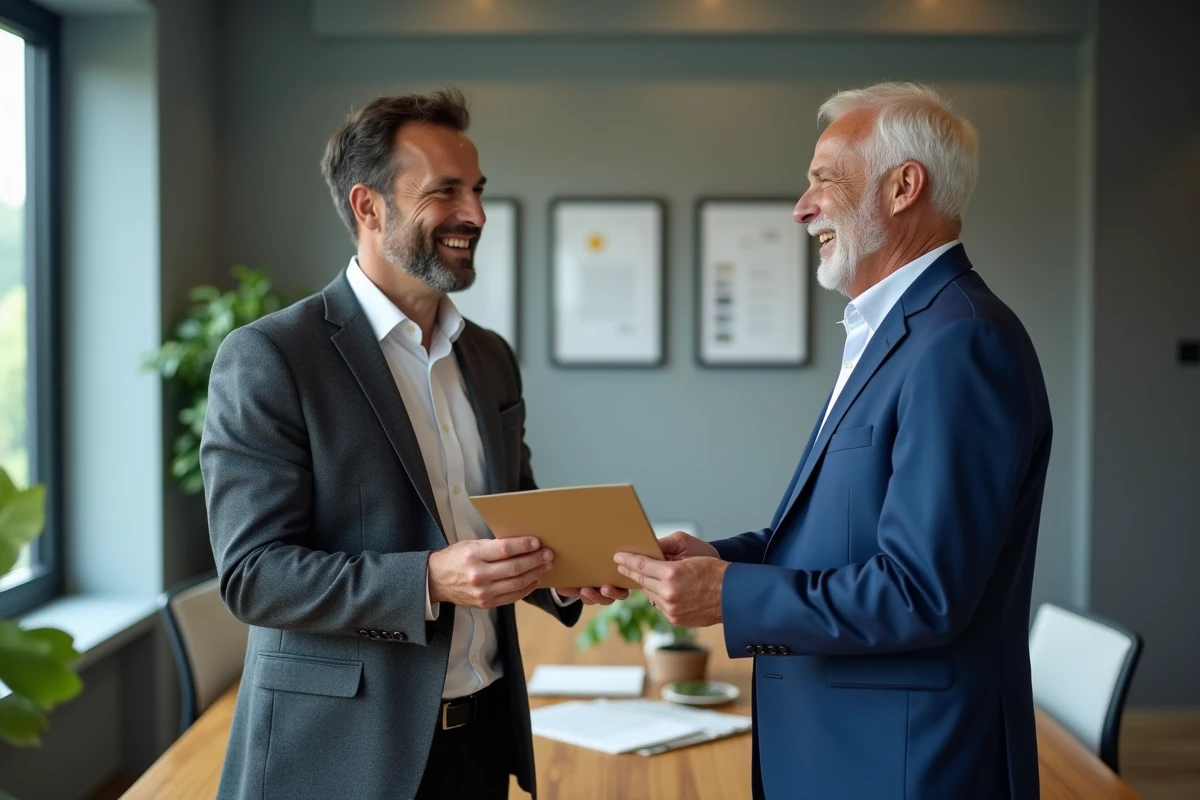 Manager remettant un certificat à un employé souriant