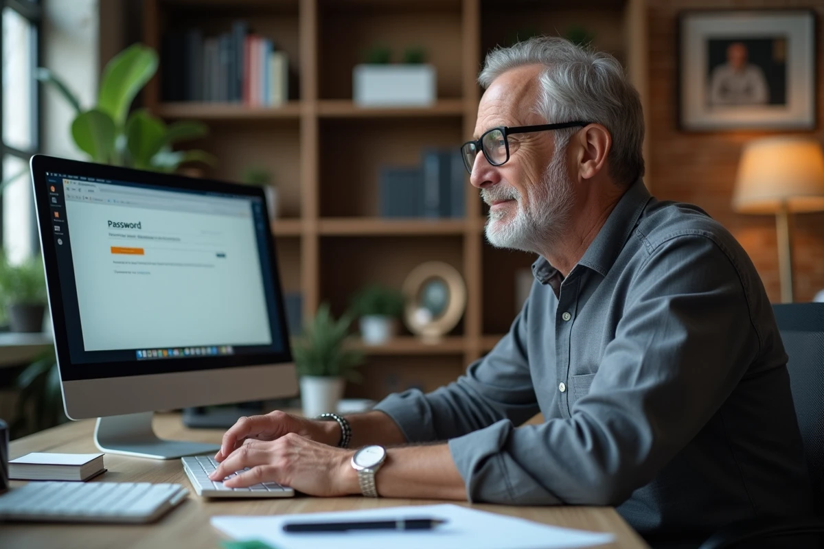 Homme d age moyen effectuant une reinitialisation de mot de passe au bureau