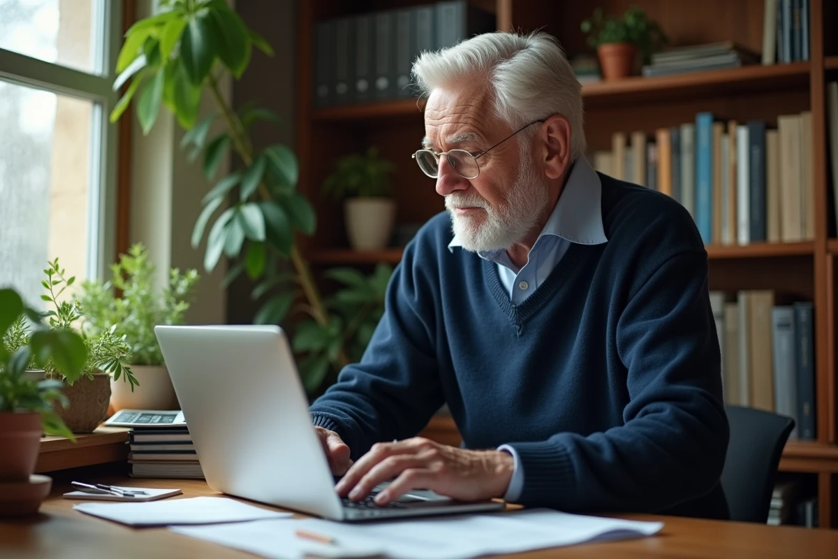 Homme retraité utilisant un ordinateur dans un bureau organisé